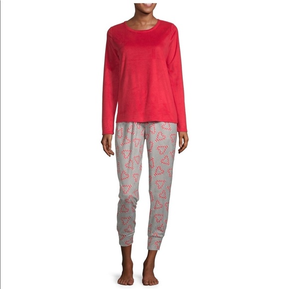 New Womens Fleece 2 Pc Pajama Set Red Candycanes - Picture 2 of 13